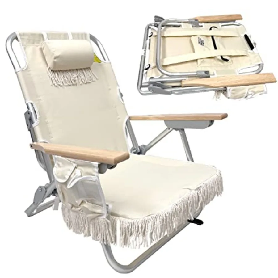 

Tassel Back Chair 5 Positions and Cup Holder Pouch on Side-Padded Pillow-Storage Bag on Back Lightweight Rustproof Aluminum Bla