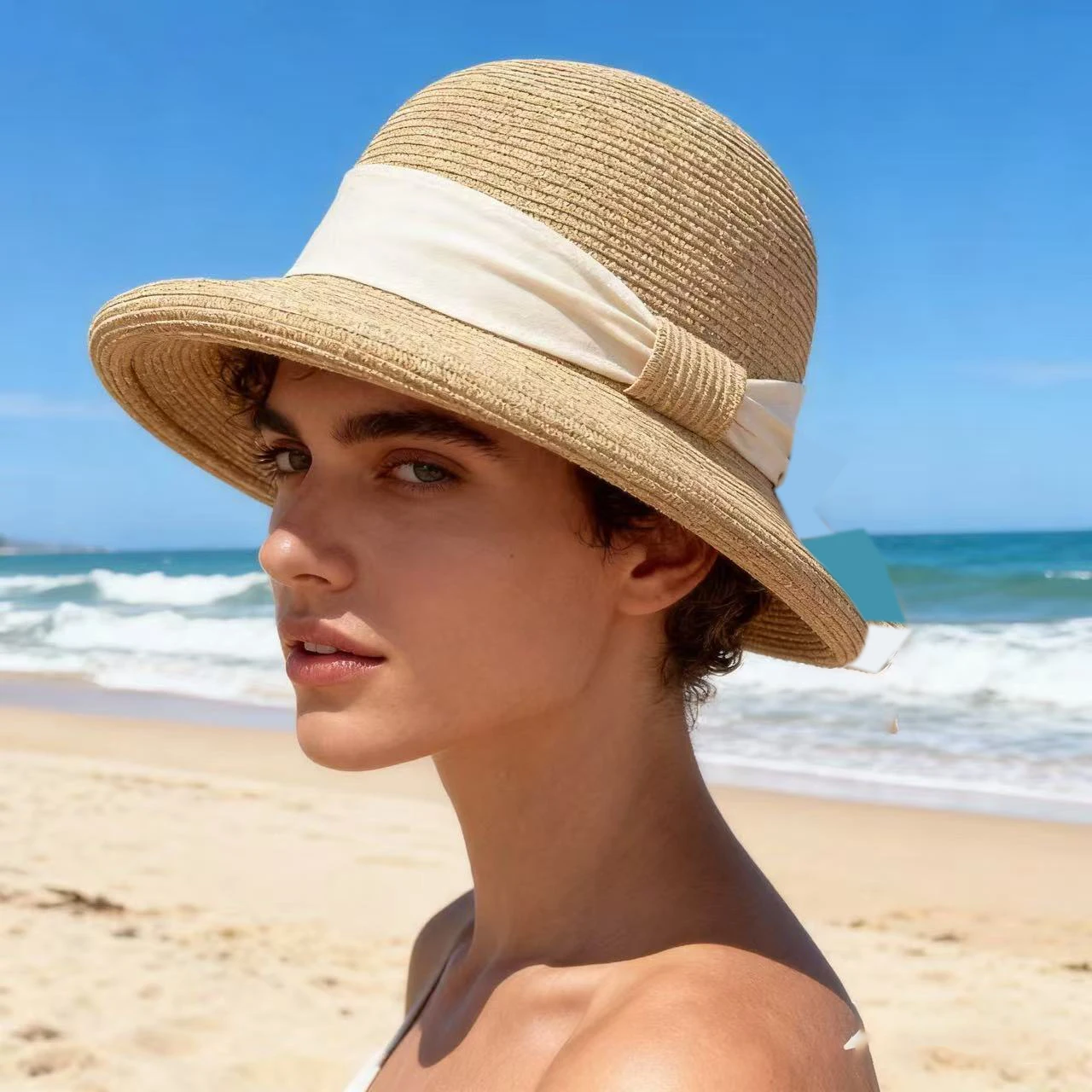 

Новая элегантная шляпа из рафии с загнутыми полями и атласной лентой, повседневная пляжная шляпа от солнца для женщин, для летнего отдыха, бохо-стиля, свадеб, фотосессий на природе