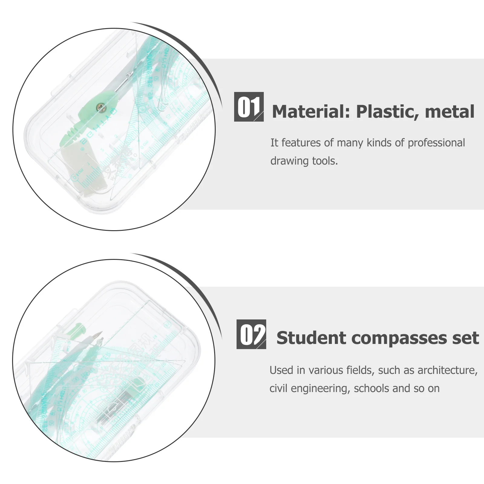 1 مجموعة معدنية البلاستيك البوصلة حاكم أداة الرياضيات مجموعة الرسم للطلاب الفنان مهندس العمارة تصميم أدوات دائرة المنقلة