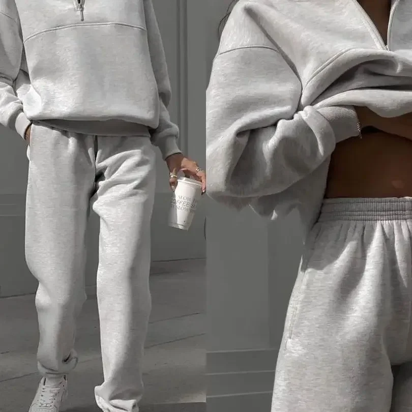 

Tracksuit Women Pant Sets Two Piece V Neck Long Sleeve Solid Pullovers Loose High Street Elastic Waist Pencil Pants Flat Zipper