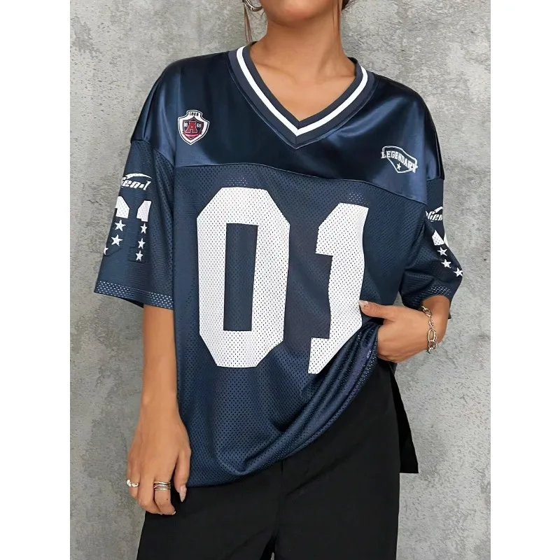 Unisex Summer V-neck T-shirt American Sports Style Casual Loose Fashion Hip-Hop Street Style Versatile Top
