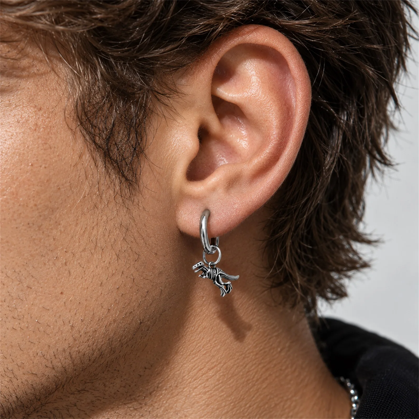Vnox Men Pierced Earrings Stainless Steel Gothic Punk Hoop Stud, Skull Bat Octopus Moth Dinosaur Skeleton Wing Ear Jewelry Gift