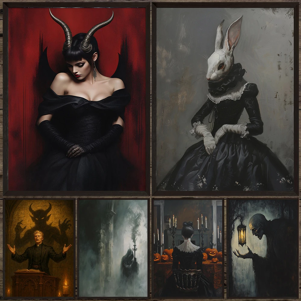 Gothic Dark Fantasy Art Poster And Print Horned Demoness & Rabbit Lady Wall Art Canvas Painting For Home Decor Unframed