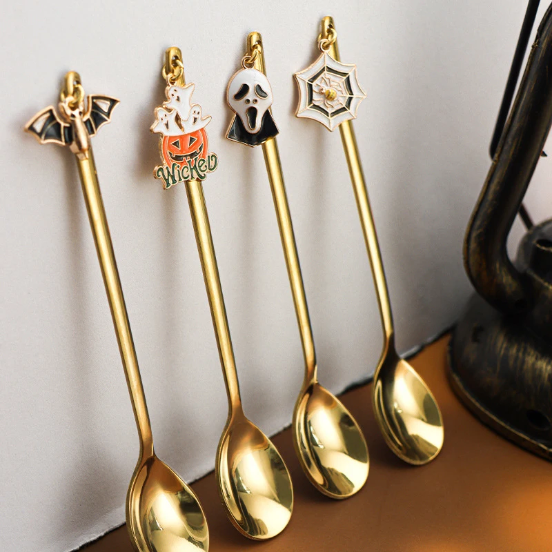 Halloween Stainless Coffee Spoons Fork Pendant Gold Party Dining-table Cutlery Party Witch Ghost Witch Bat Accessories Supplies