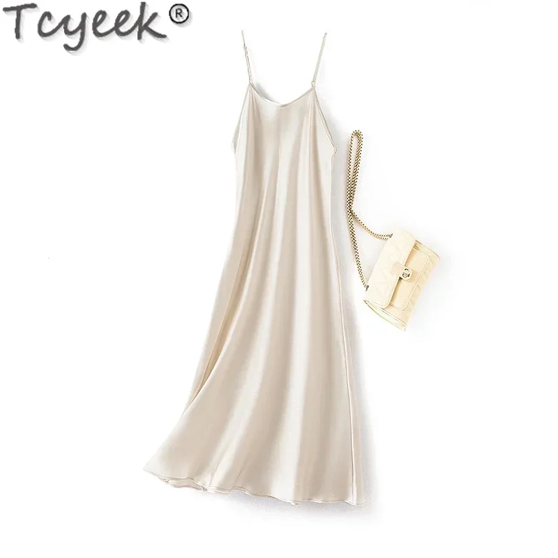 Tcyeek-vestido Midi de seda de morera para mujer, ropa interior sin mangas, verano, 100%, 2024