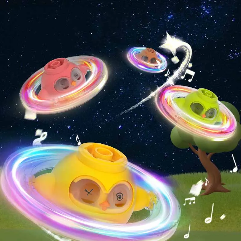 New Press One-button Launch Spinning Gyro Toys Cartoon Cute Owl Flying Disc Hand Twisting Gyro Toys With Lights And Music