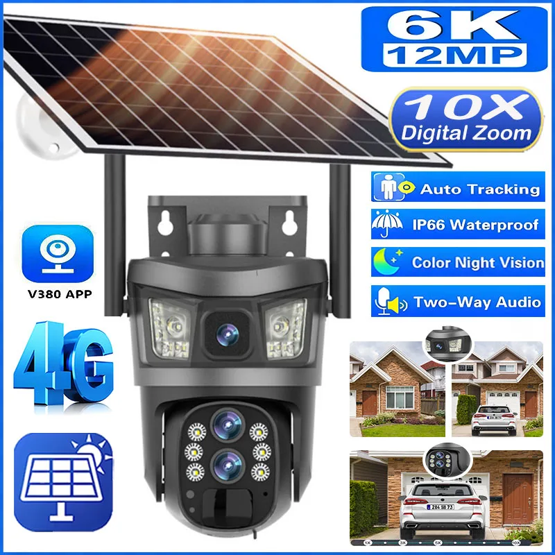 

6K 12MP 4G SIM Outdoor Solar Camera 10X Zoom Three Lens PIR Night Vision IP PTZ Monitor CCTV Auto Tracking Solar Security Camera