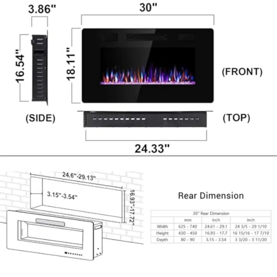 حشوات مدفأة كهربائية مقاس 30 بوصة للتركيب المثبت على الحائط والتركيب المثبت على الحائط بسعة تسخين 750/1500 وات مع شاشة تعمل باللمس #6