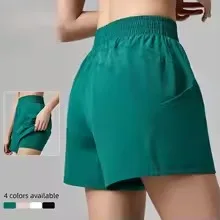 Women's High-Waisted Quick-Drying Gym Yoga Shorts with Pocket Anti-Exposure Nude Sports Fitness Running Pants Fake Two-Piece
