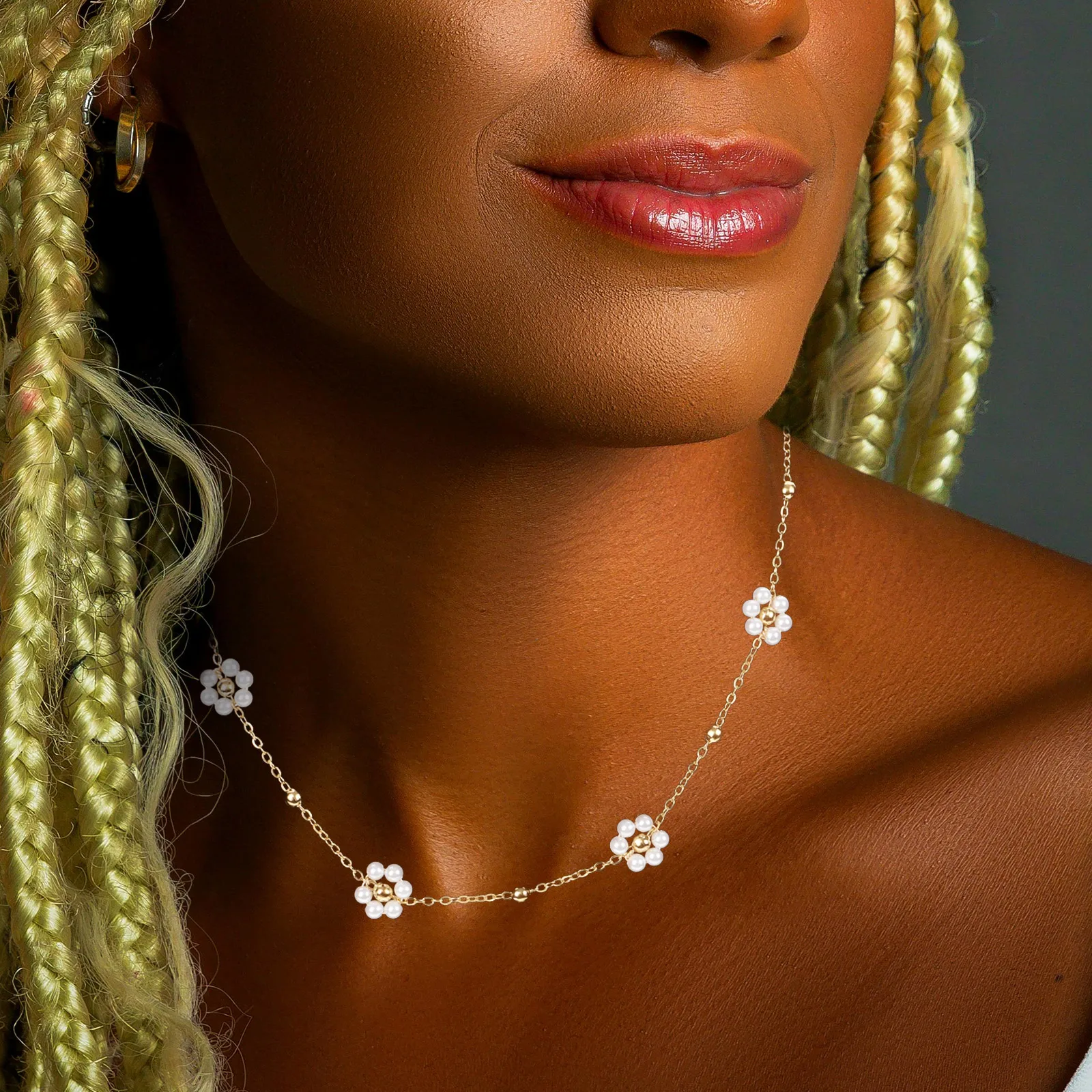 

Pearl Necklace Women Titanium Steel Chain Charm Flower Artificial Costume Jewelry Clavicle Accessories Stylish