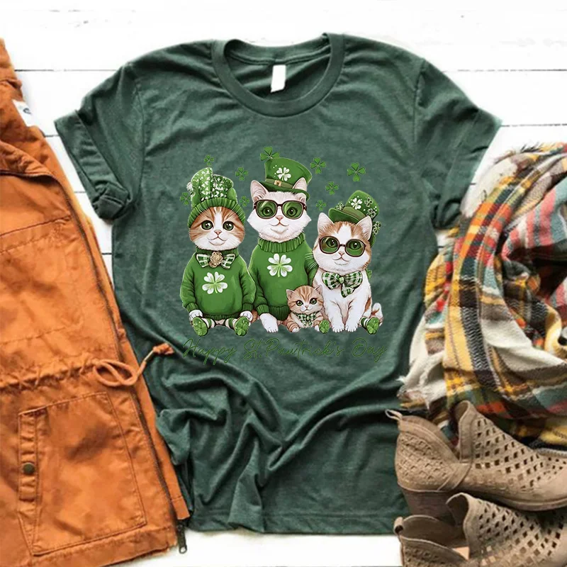 Happy St Patricks Day Shirt St Patricks Cats Tee Funny St Patricks Irish Shamrock Women Clothes Cat Lover Tops Vintage m