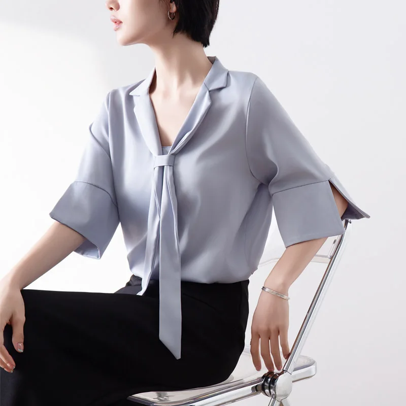 

Women's Short Sleeve Shirt Summer Loose Design Sense Bow Tie Commuter Professional Top
