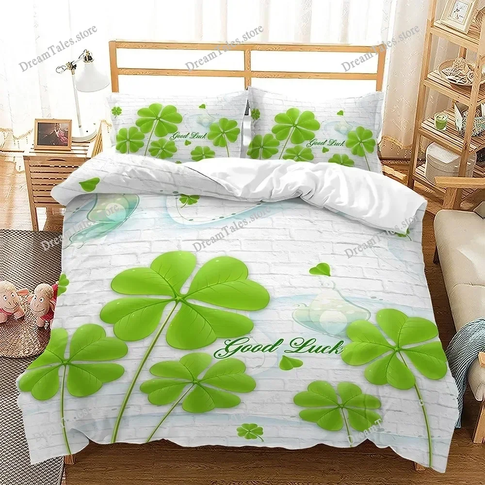 Lucky Green Leaves King Queen Duvet Cover Four Leaf Shamrock Clover Bedding Set Irish Culture Soft Polyester Quilt Cover741