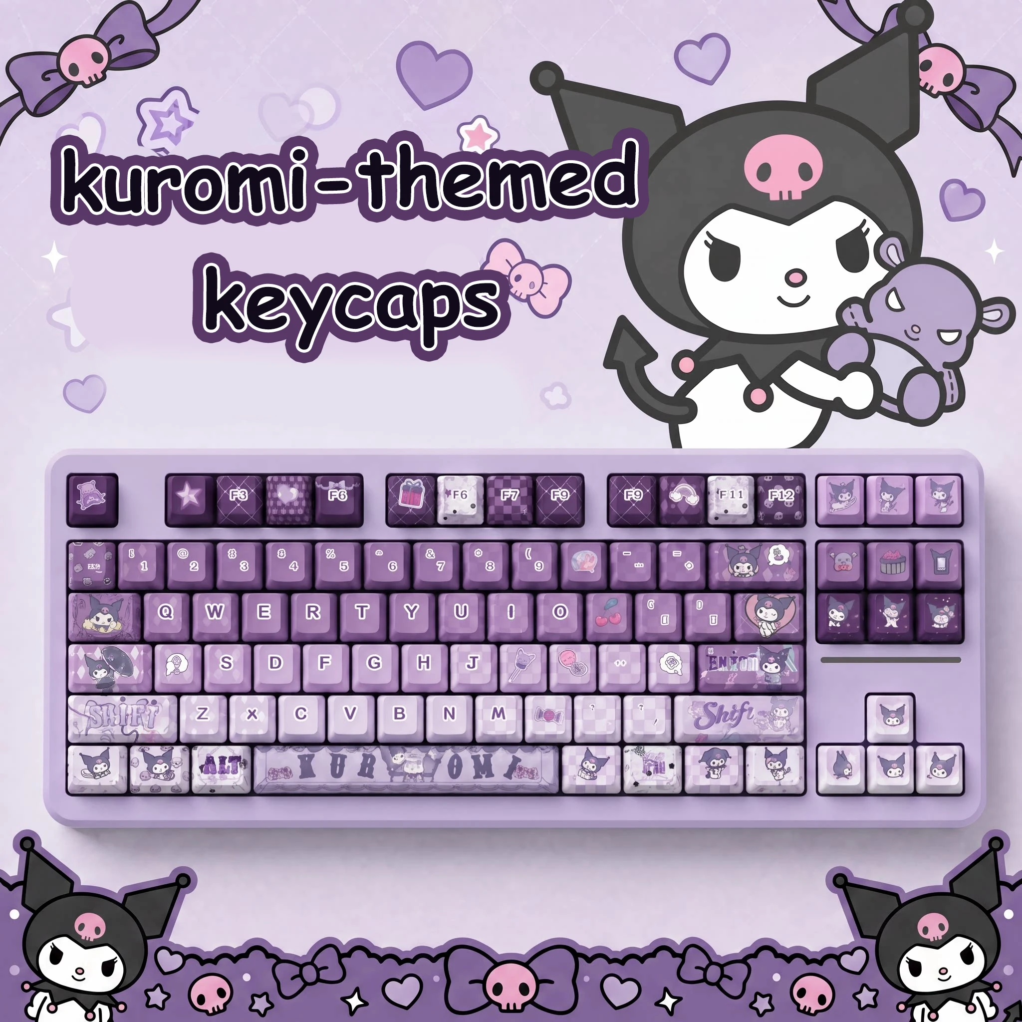 Anime Sanrio Kuromi Themed Keycaps 122-Key Cherry MOA Profile PBT Side-Engraved Transparent MX Switch Mechanical Keyboard Keycap