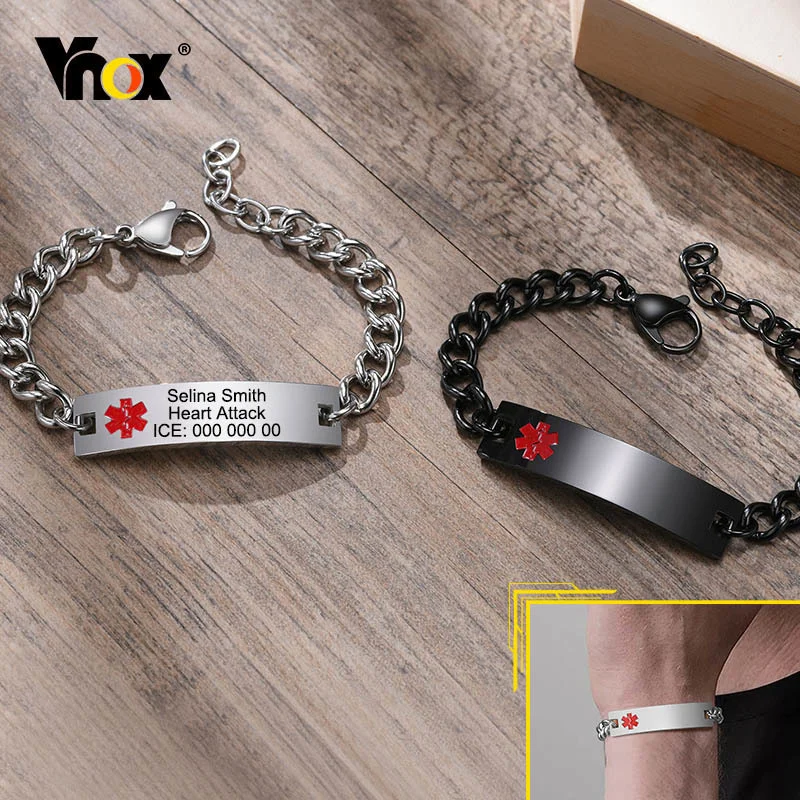 Vnox Free Engraving Medical Bracelets for Men,12mm Black Stainless Steel Rod of Asclepius Cross Symbol Diabetes Asthma Bracelet