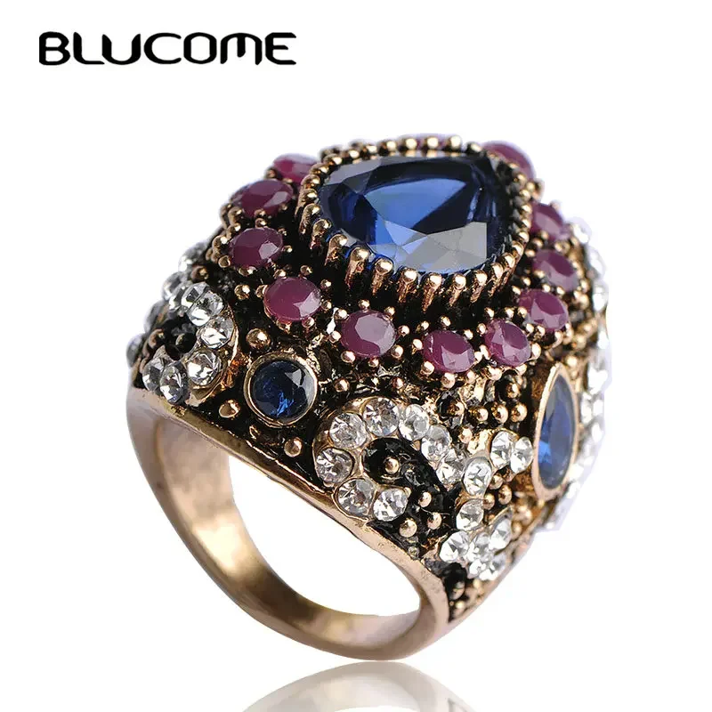 Blucome Turkish Big Size Rings Blue Vintage Women Jewelry Anel Anillo Turco Anies Femininos Antique Gold Color Finger Bijoux