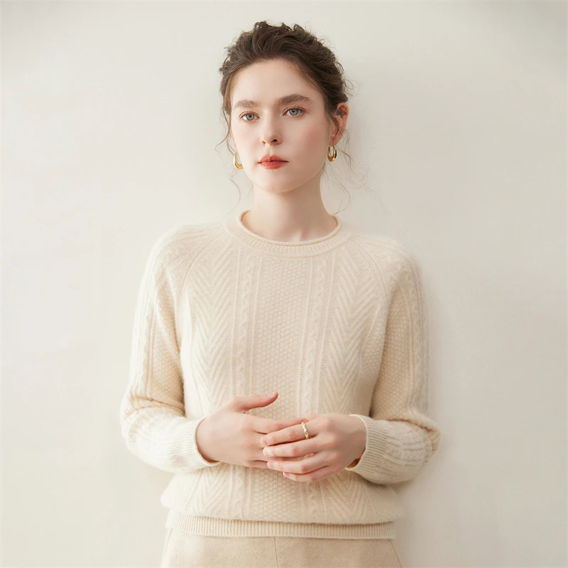 New Chic Women 100% Cashmere Sweater Cable Knit Curl O-Neck Pullover Shirt Autumn Winter Soft Thick Warm Bouse Woman Top Clothes