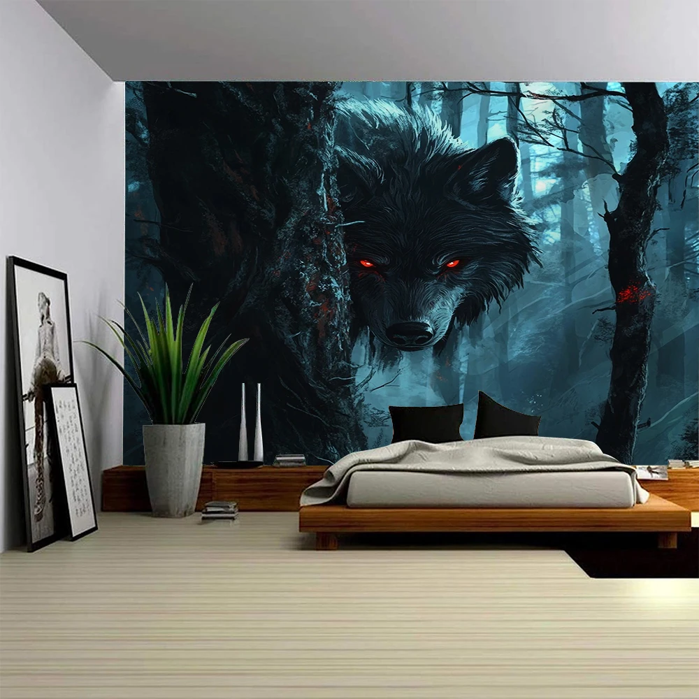 Lobo a la sombría en el bosque neblinoso, tapiz decorativo espeluznante para el fondo, tapiz decorativo para la pared del dormitorio del hogar