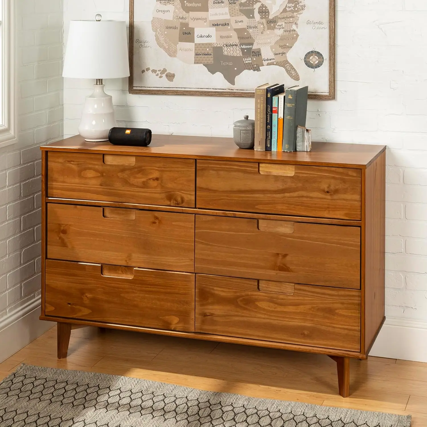 Modern Solid Wood  Handle 6-Drawer Dresser, 52 Inch, Caramel