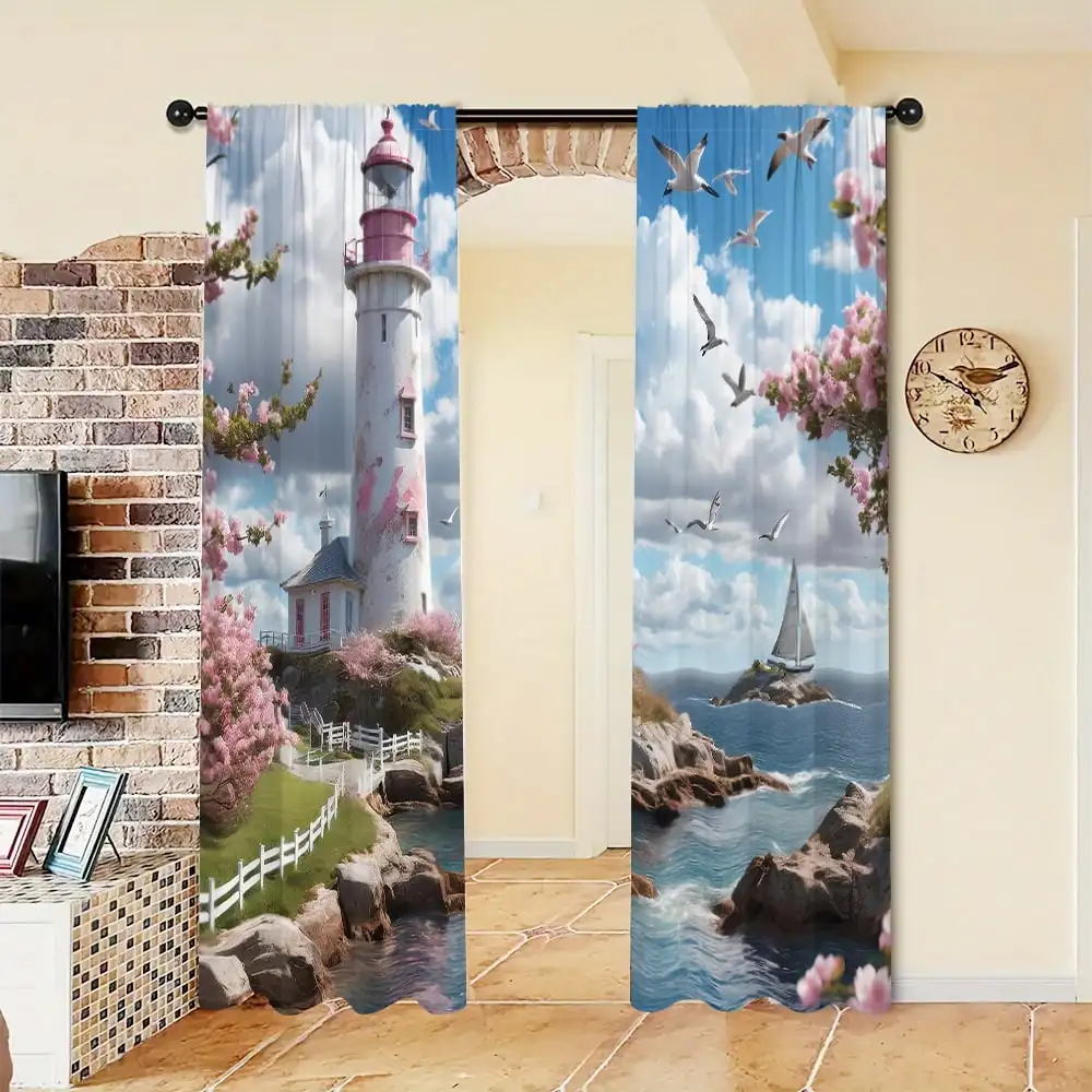 2pcs Curtains Peach Skin Polyester Coastal Lighthouse Cherry Blossom Print Light Filtering Living Room Bedroom Home Decor