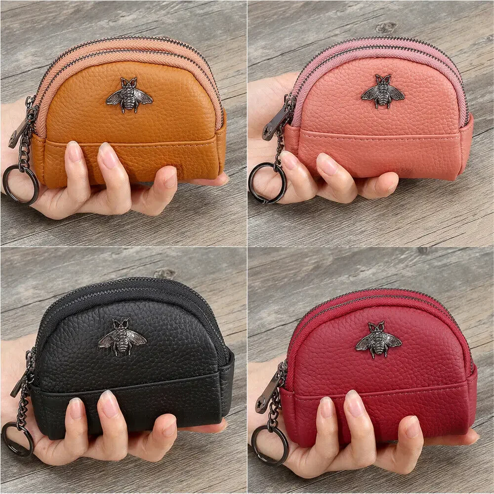 

Cute Bee Decor Women Leather Coin Purse Small 2 Zippered Change Pouch Wallet with Keychain Ring