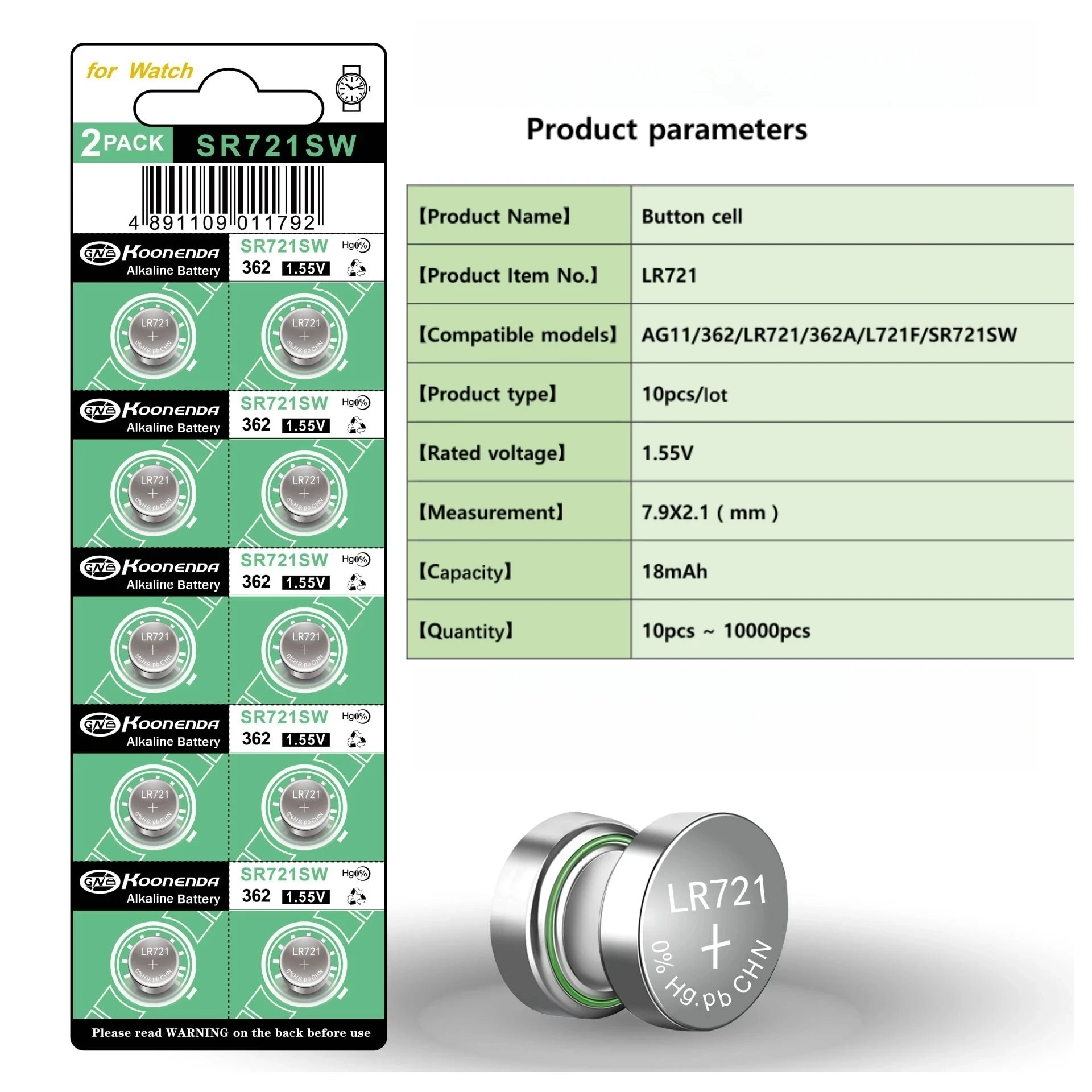 Botão Coin Cell Watch Battery, 0% Hg Mercury, livre para brinquedos de relógio remoto com presente, alta capacidade, AG11, SR721SW, 362, 361, 162, 1.55V