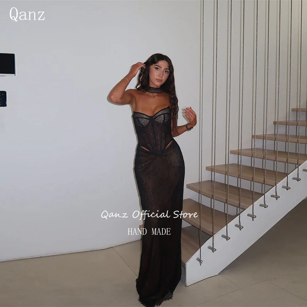 

Qanz Modest Women Black Evening Dresses Sweetheart Mermaid Lace Vestidos De Gala Corset Back Robe De soirée Femme Customized