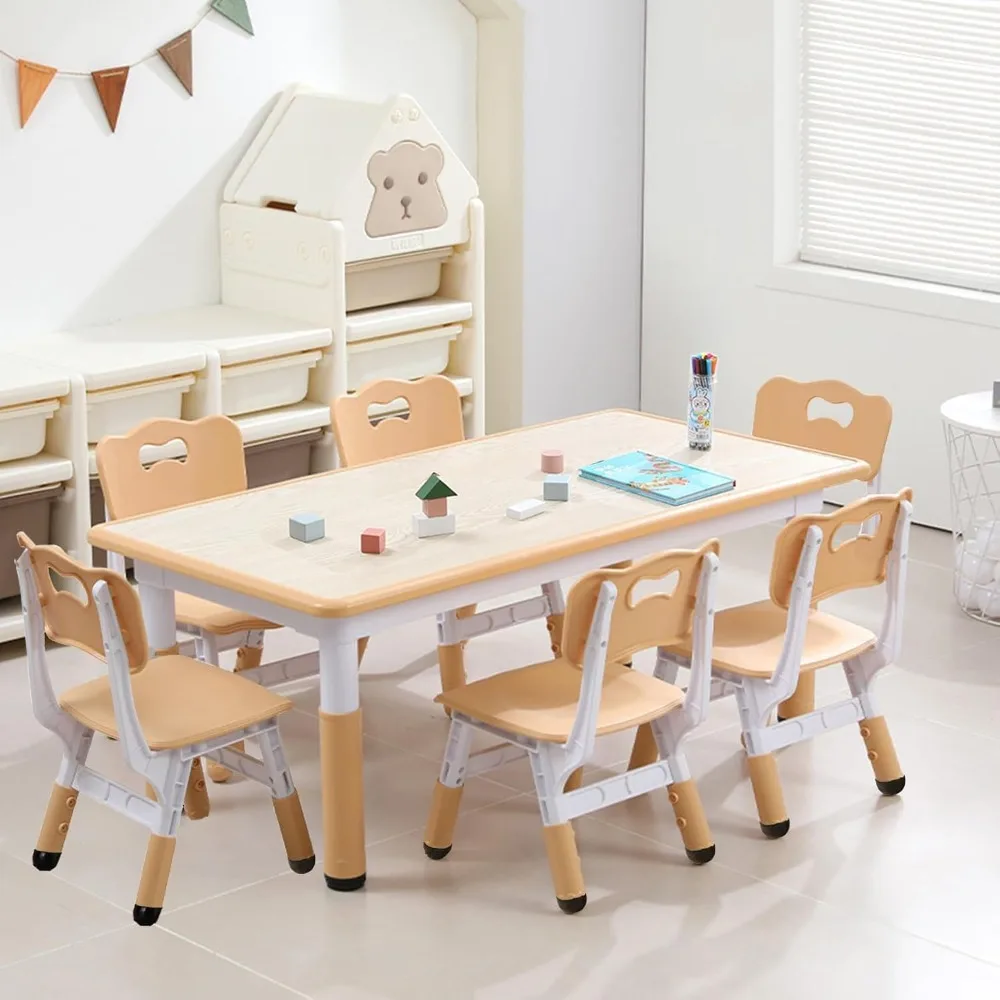 Juego moderno de mesa para niños y 6 sillas, mesa para niños pequeños de 47,20 pulgadas de altura ajustable y juego de 6 sillas con patas y organizador de escritorios antideslizantes