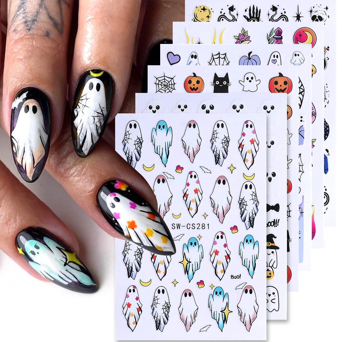 6pcs Cartton Halloween Series Nail Art Stickers Spooky Pumpkin Spider Web Fire French Element DIY Adhesive Decals Manicure Decor