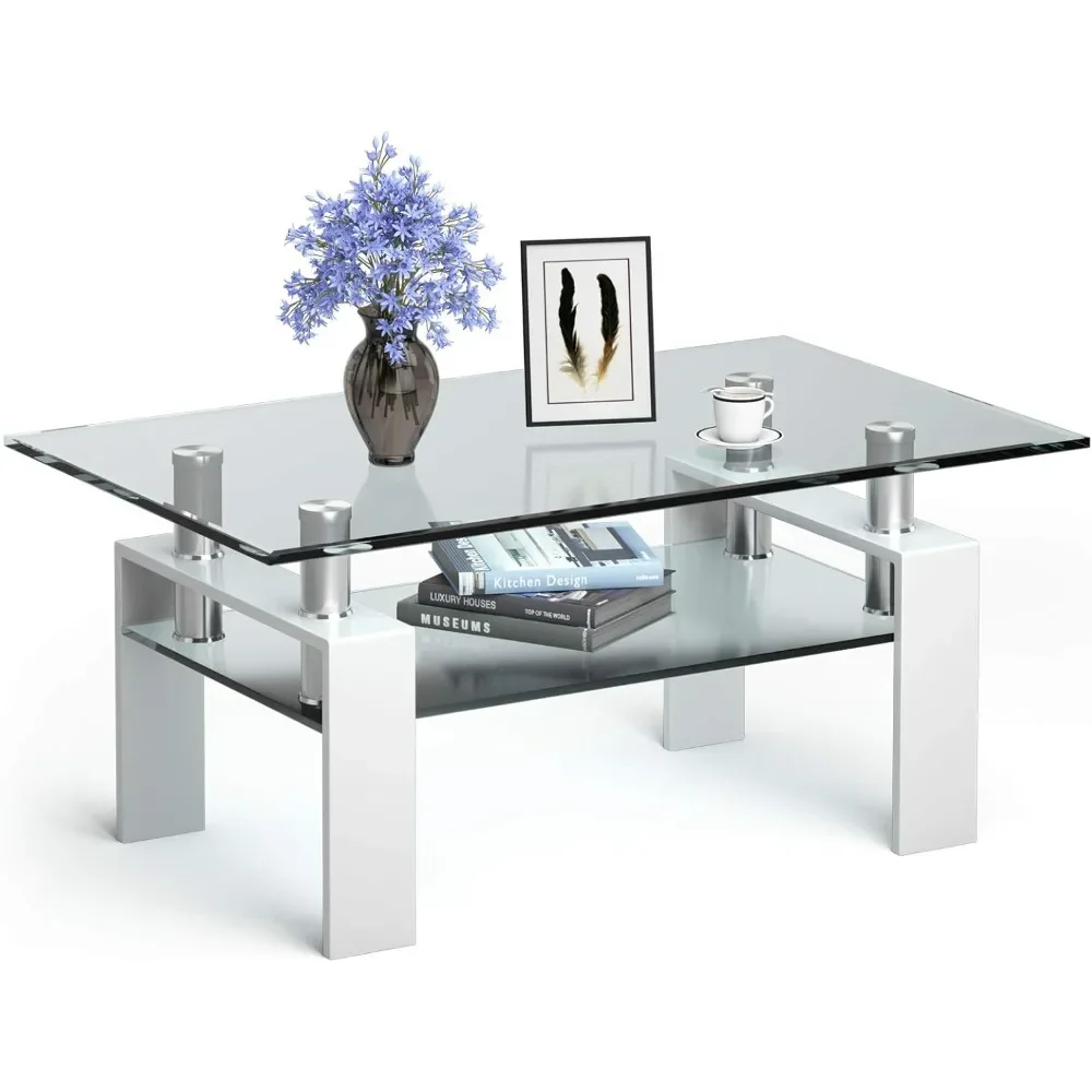 Rectangular Glass Coffee Table, Modern Side Coffee Table w/Lower Shelf, Tempered Glass Tabletop & Metal Legs