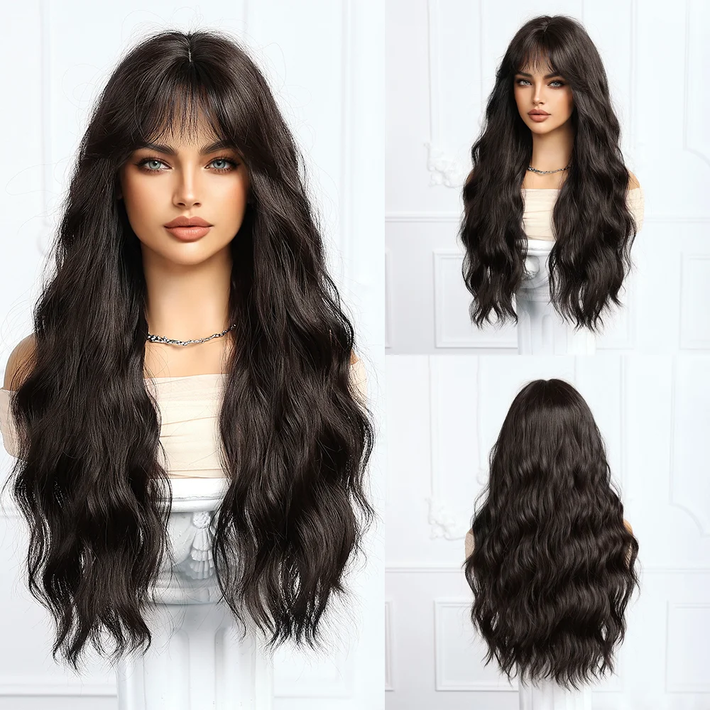 

26-дюймовые волнистые синтетические вьющиеся волосы с челкой черного и коричневого цвета, натуральный термостойкий парик, подходящий для женских повседневных вечеринок