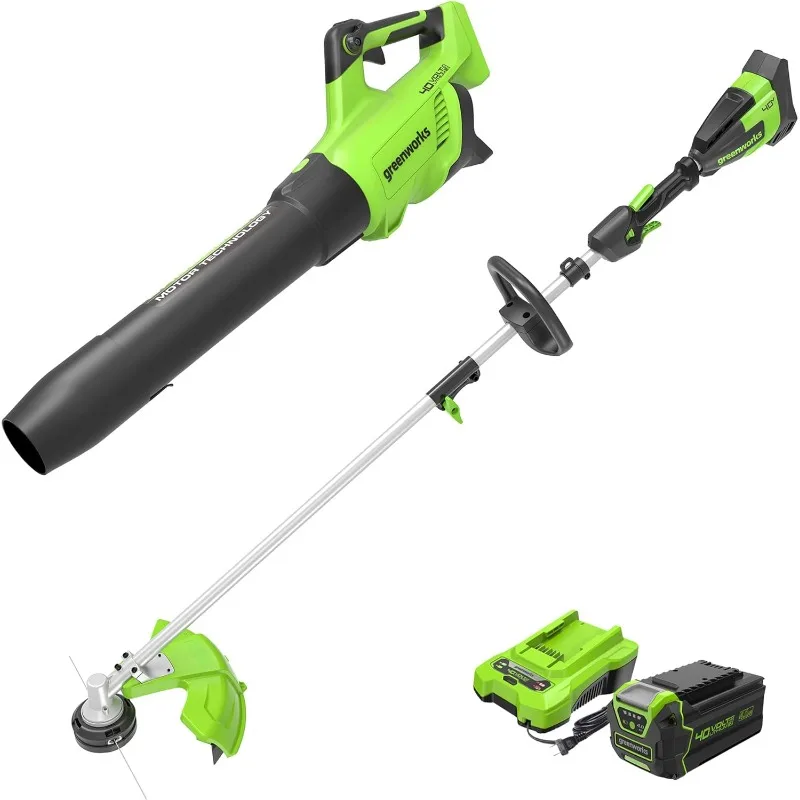 Greenworks 40V Brushless String Trimmer (Attachment Capable) + Brushless Blower Combo Kit, 4.0Ah Battery and Charger Included