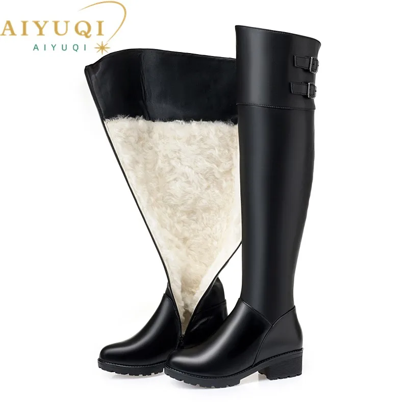 

AIYUQI Women Thigh High Boots 2024 New Genuine Leather New Winter Women Over-the-knee Boots Wool Warm Large Size Women Boot