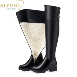 AIYUQI Women Thigh High Boots 2024 New Genuine Leather New Winter Women Over-the-knee Boots Wool Warm Large Size Women Boot