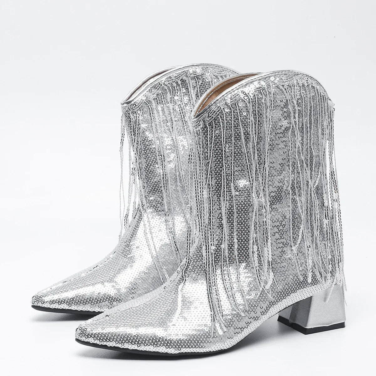 

Women's Fringe Metallic Cowboy Boots Silver Gold Cowgirl Mid-Calf Pointed-Toe Chunky Block Heel Sparkle Glitter Western Boots