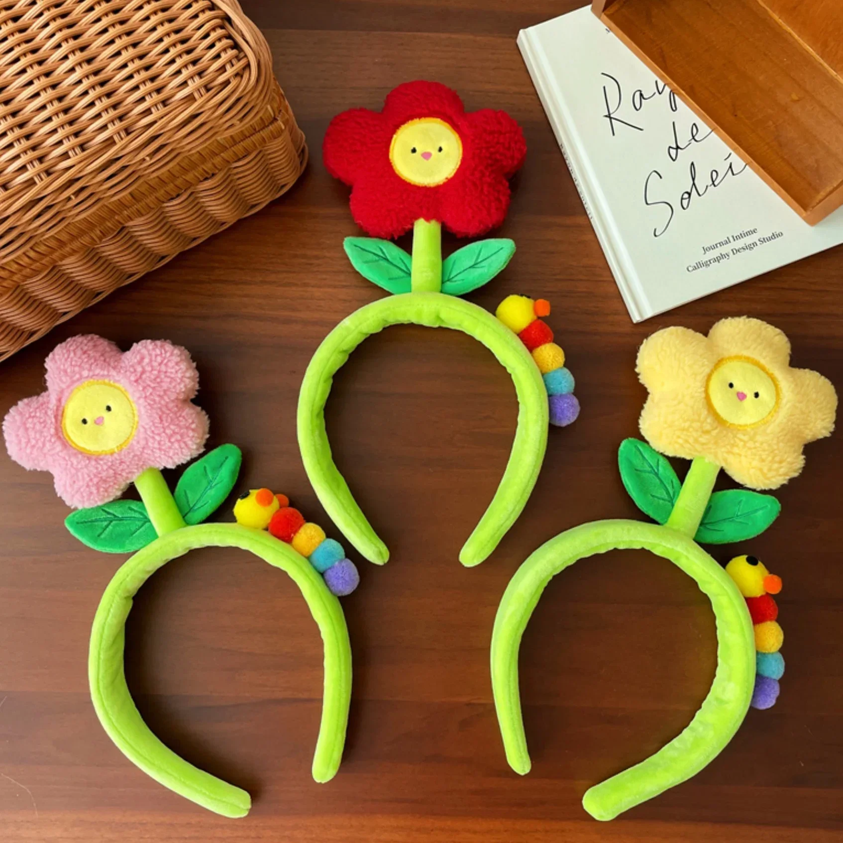 Banda para el pelo con dibujos animados de oruga y flores, bonita pinza para el pelo de felpa, banda para la cabeza, Fotografía Creativa y