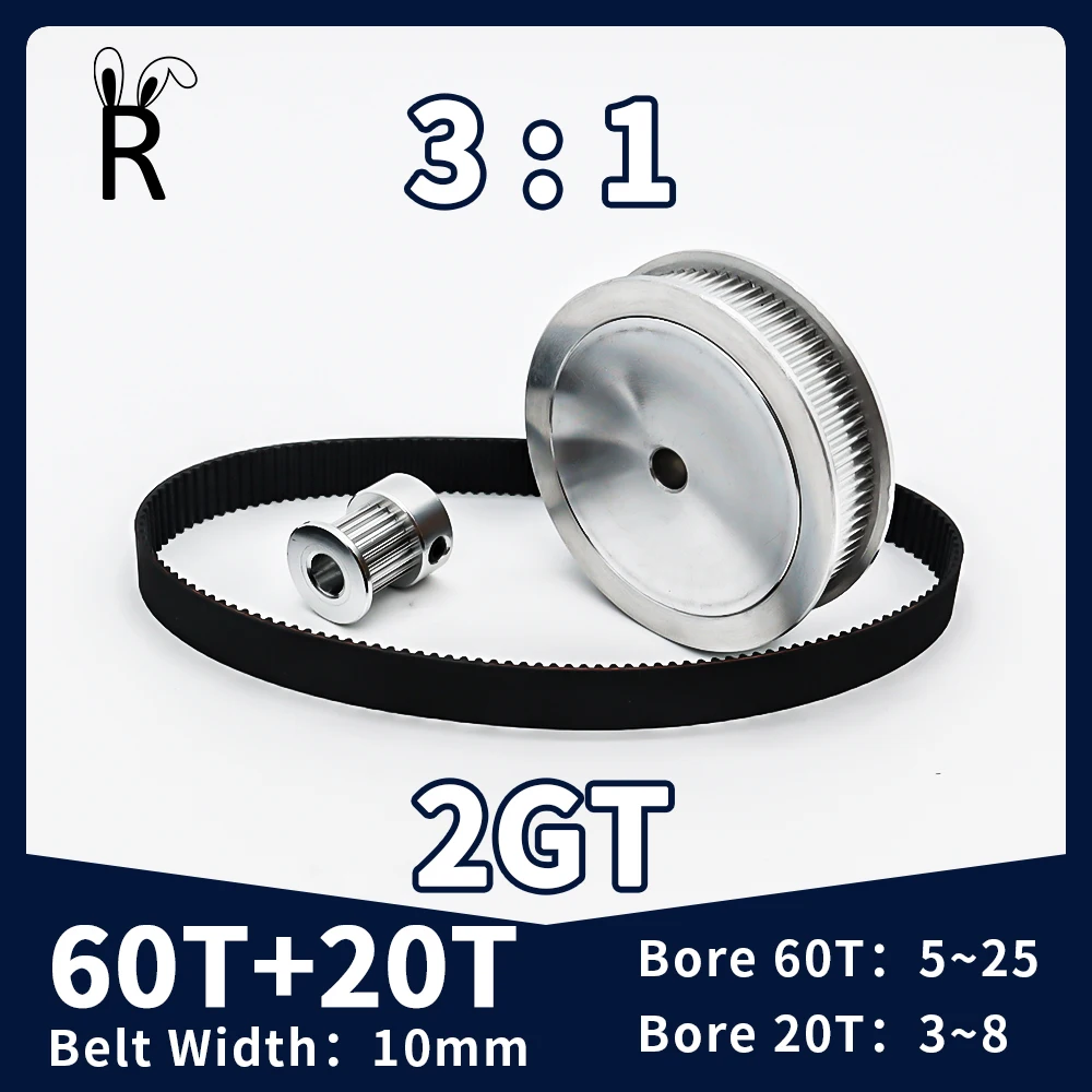 GT2 Timing Belt Pulley Set 60T 20Teeth Tensioning Wheel Bore3~25mm Reduction 3:1 Belt Width 10mm 2GT Synchronous Pulley Belt Kit