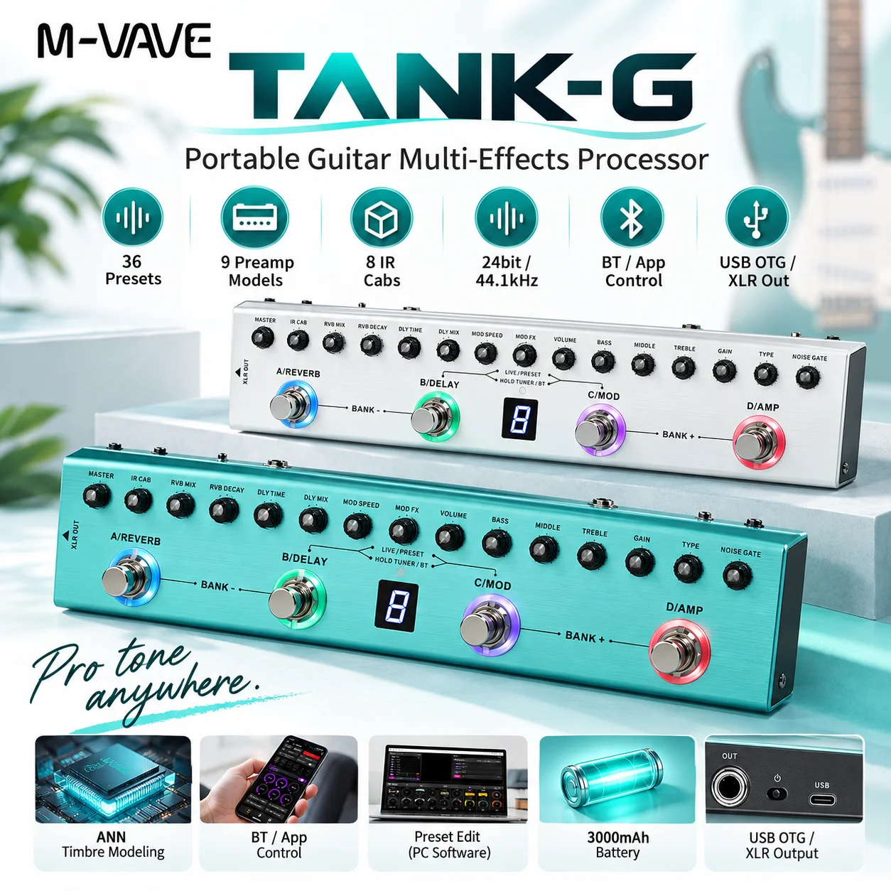 M-VAVE TANK-G Guitar Multi Effects Pedal 36 Presets 9 Amp Models 8 IR Cabs Bluetooth USB Recording Rechargeable Guitar Processor