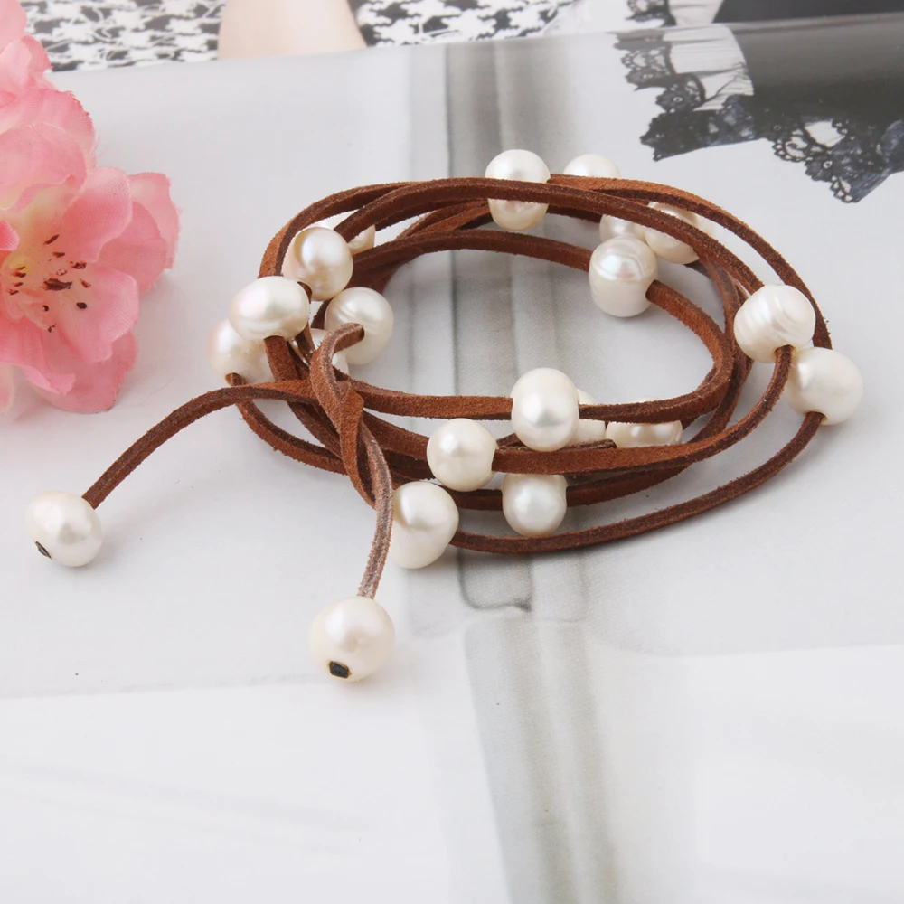 Bracelets Natural Freshwater Pearl Charm Fashion Korean Velvet Wrapped Pearl Multi-layer Bracelet and Necklace