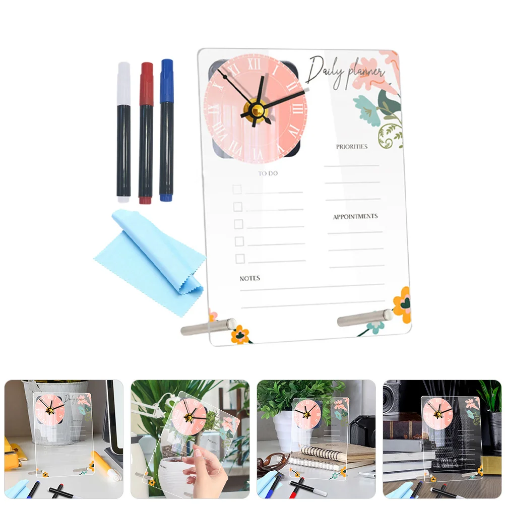 

1 Set Acrylic Standing Memo Board Clock Transparent Desk Dry Erase Table Organizer Office Planning Board Multi-Function Message