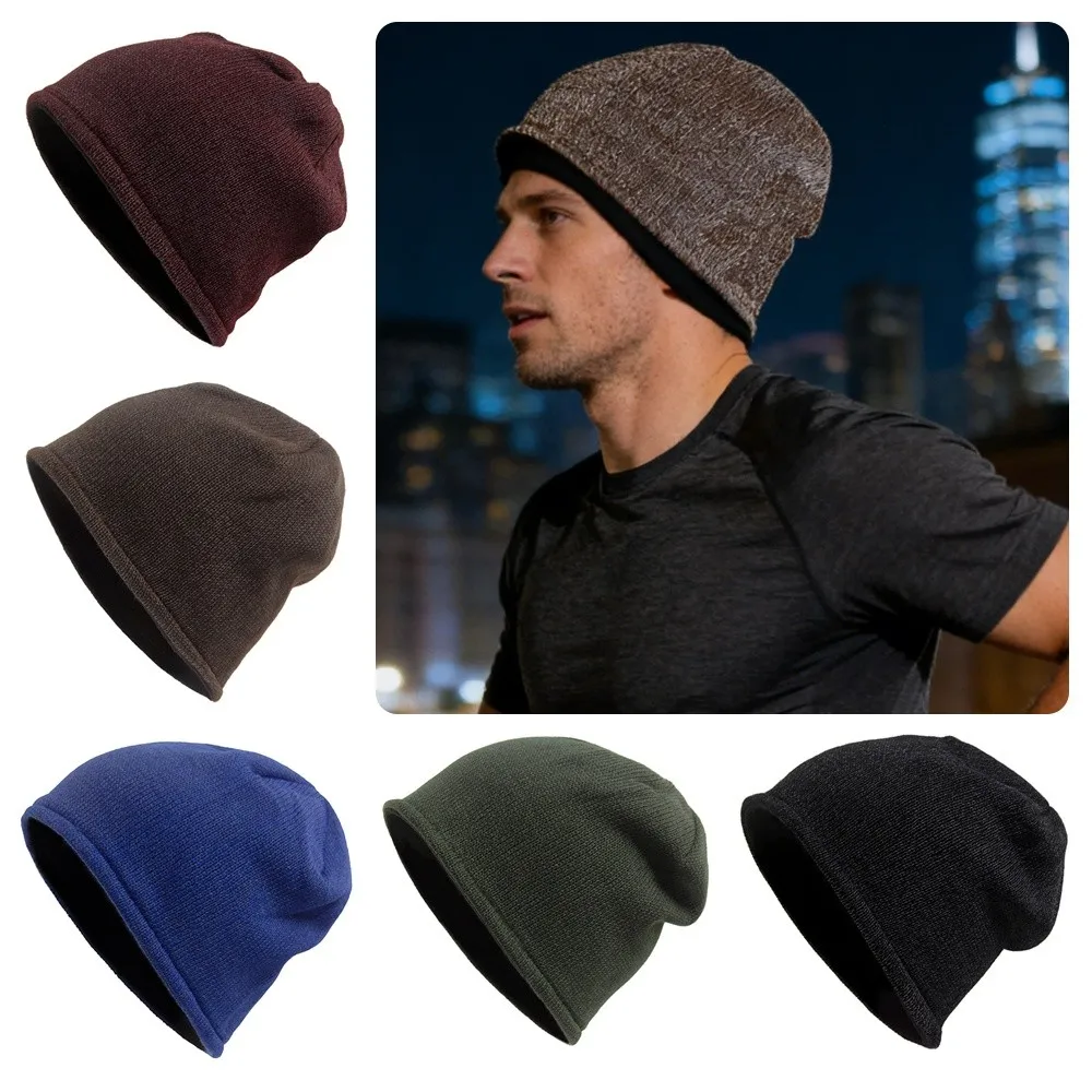 Street Style Night Reflective Hat Solid Color Warm Night Jogging Cap Fleece Lined Warning Beanies Cap