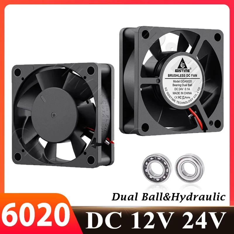 Gdstime 6020 Fan 24V 12V 60x60x20MM Cooling Fan Dual Ball Bearing 3D Printer Cooler 60MM 2PIN Brushless DC Fan Motor Axial Fan