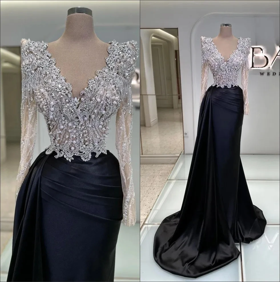 Customized Black Mermaid Evening Dresses Sheer V Neck Stones Beading Long Sleeves Prom Dress Ruffles Custom Made Formal Dresses