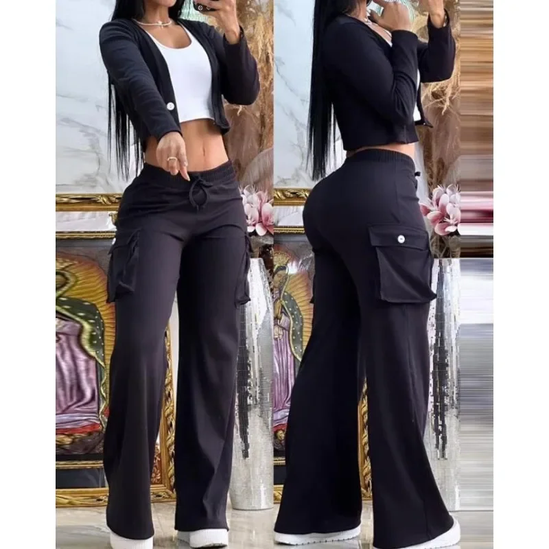 Women Long Sleeve Single Button V-neck Short Coat Drawstring Mid Waist Pocket Wide-Leg Pants Suit Spring Autumn Solid Slim Suit