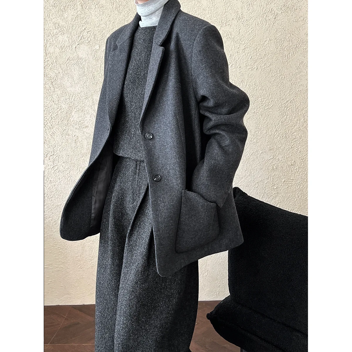 秋冬韓国スタイルグレーウールブレザー女性服冬ジャケットハイエンド通勤ルーズカジュアルスーツジャケット女性トップス