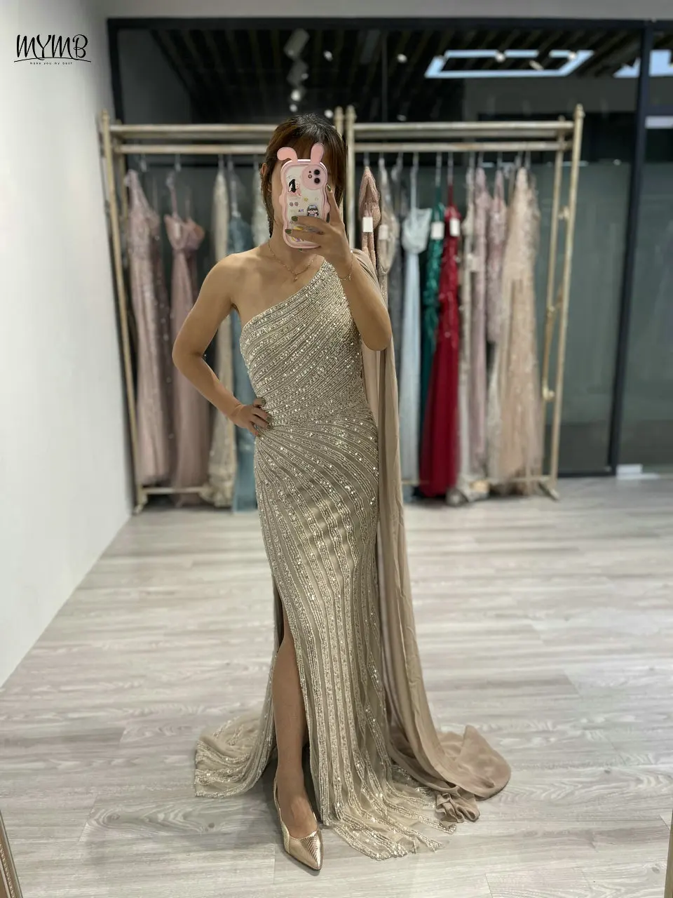 MYMB Elegant One Shoulder Cape Sleeve Champagne Evening Outfit for Women Party Gorgerous Beaded Mermaid High Split Long Dresses