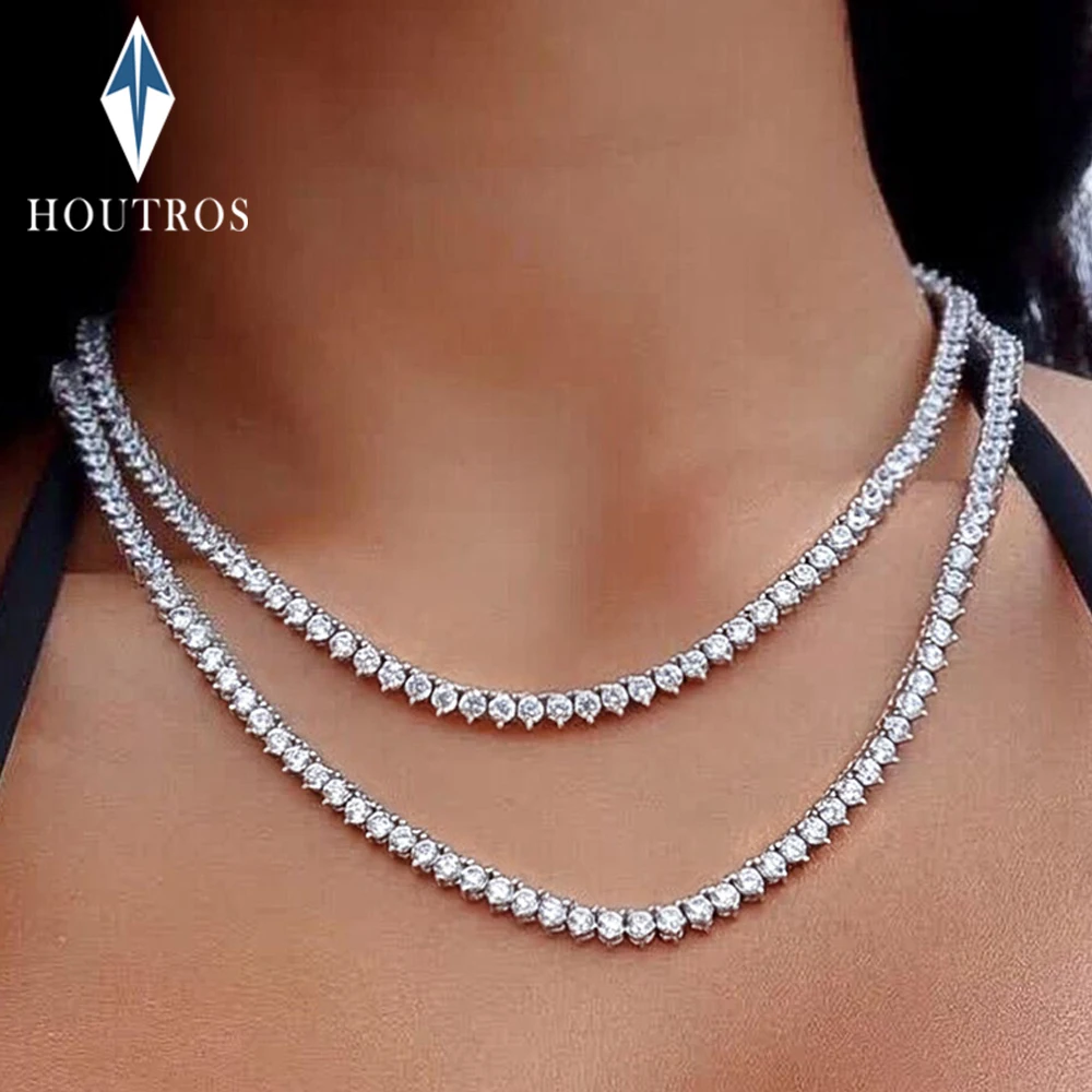 

3 Prong Round Cut Moissanite Tennis Necklace for Women 925 Sterling Silver 3mm Diamond Neckchain Wedding Party Gift Fine Jewelry