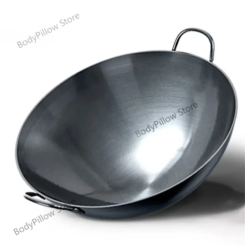 Traditional Handmade Iron Pot Uncoated Round Bottom Large   Household Non-stick Frying Pan Binaural Restaurant  Wok B