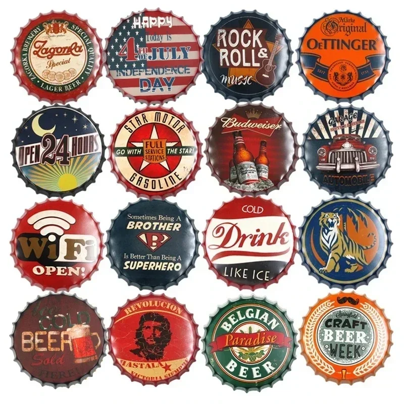 WIFI Rock Roll Wine Plaques Metal Beer Bottle Cap Pattern Hanging Craft Decor Bar Pub Restaurant Retro Wall Decorative Tin Sign