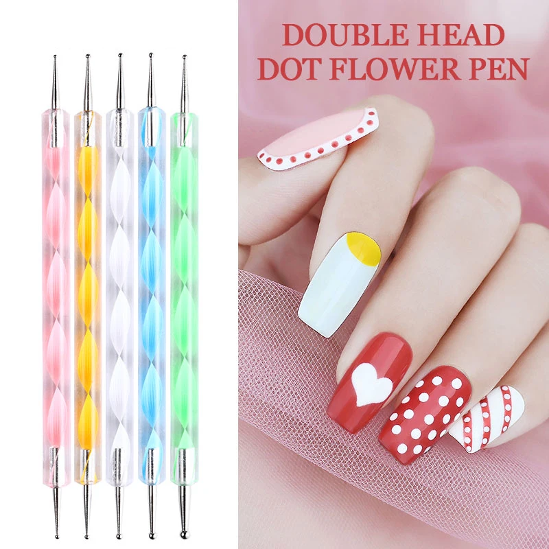 5-teiliges Set UV-Gel Malstift mit Acrylgriff, Professionelles Nagelkunst-Werkzeug, 2-Wege Wirbel-Marmorierungs-Stahl-Dotting-Kit
